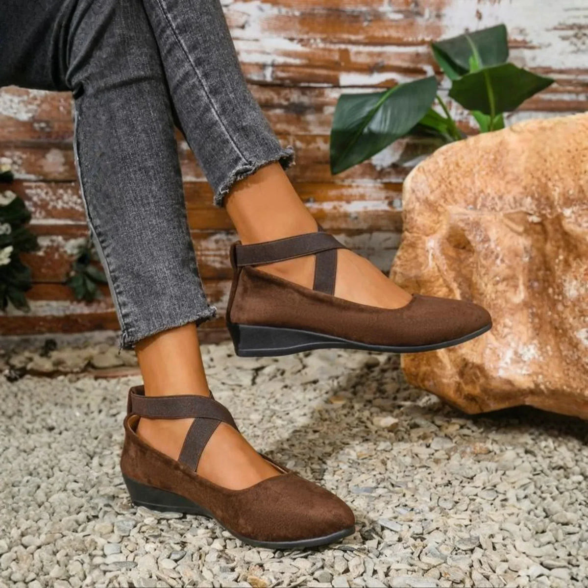 Carmen Elastic-Strap Wedge Flats