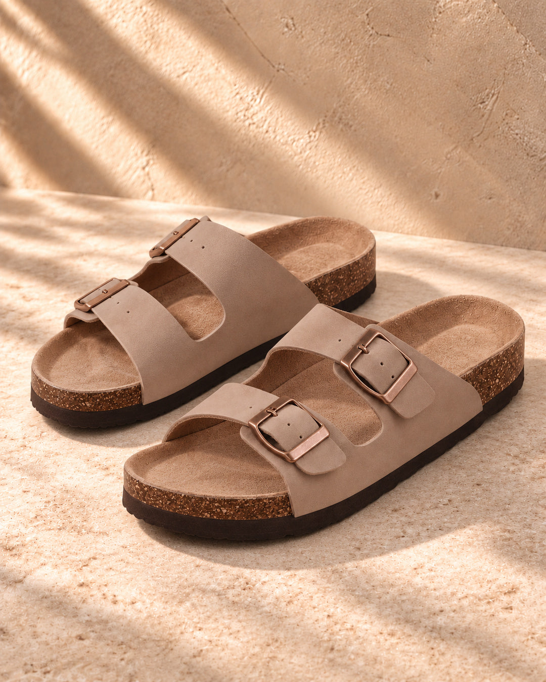 Estelle Double-Buckle Cork Sandals - Taupe
