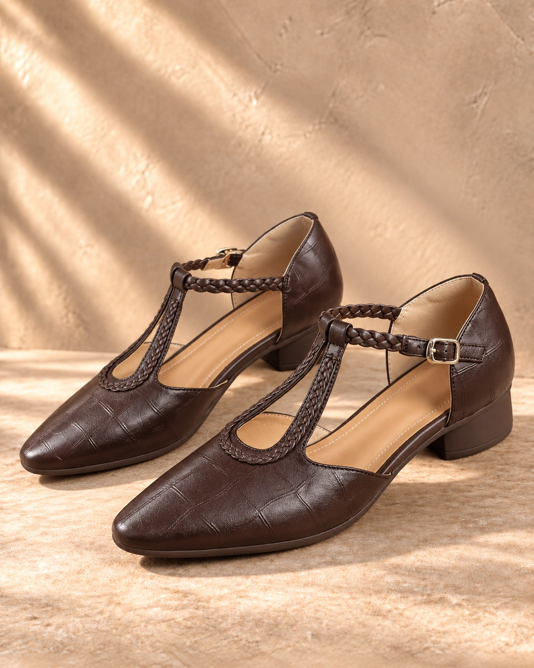 Penelope Braided T-Strap Heels - Brown