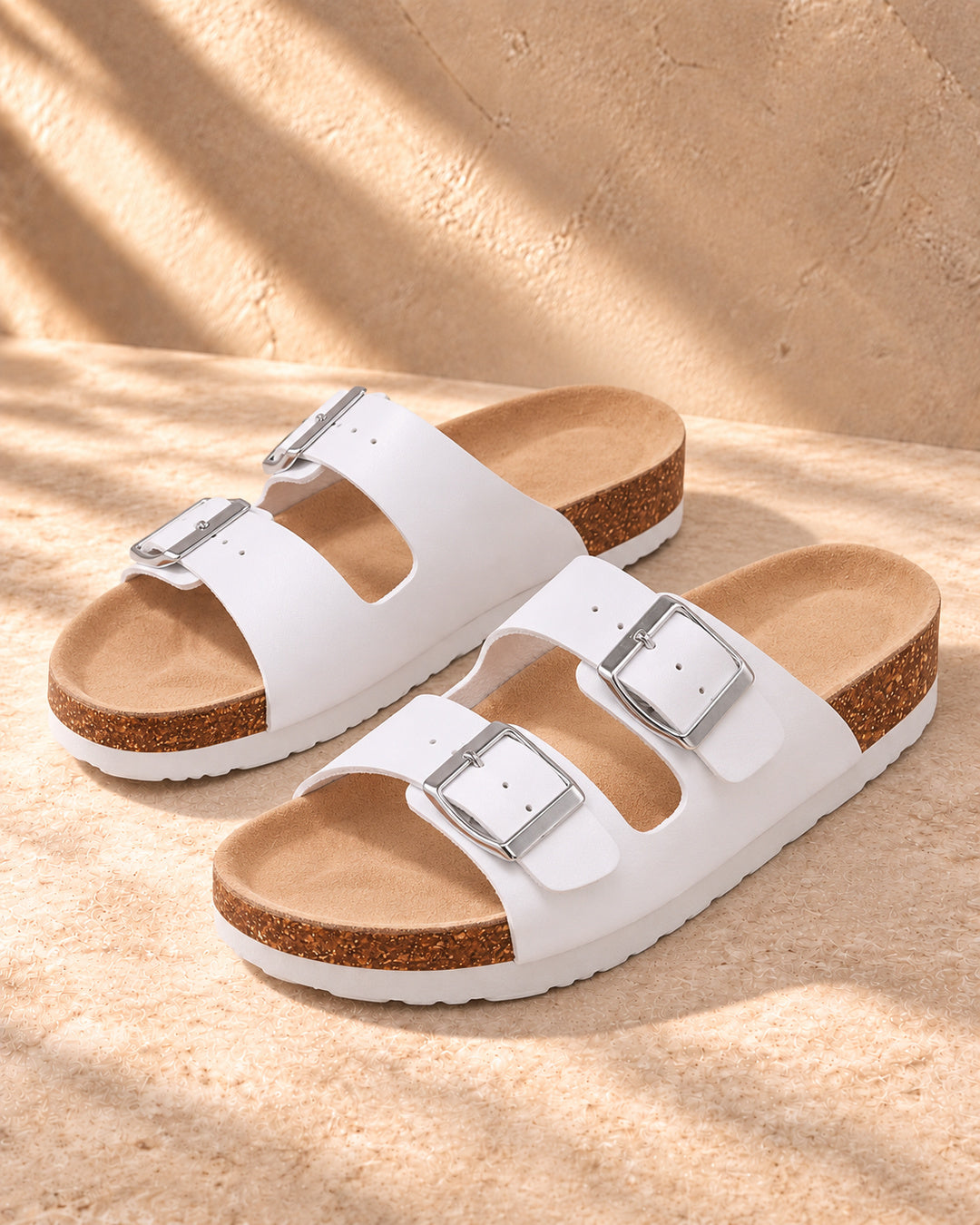 Estelle Double-Buckle Cork Sandals - White