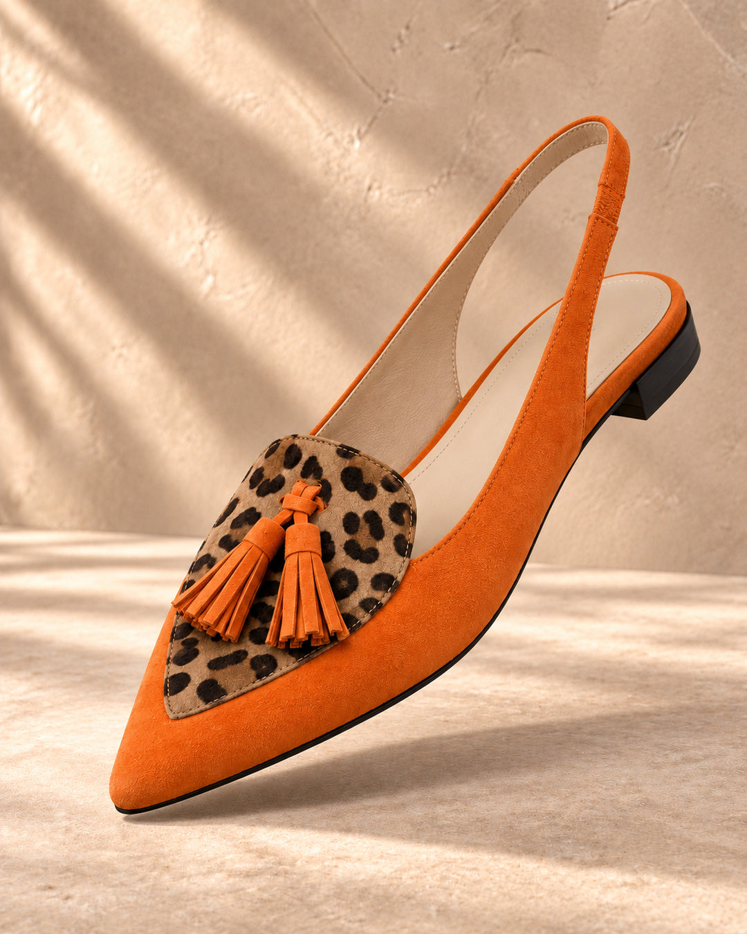 Eliza Tassel-Detail Slingback Flats - Orange and leopard