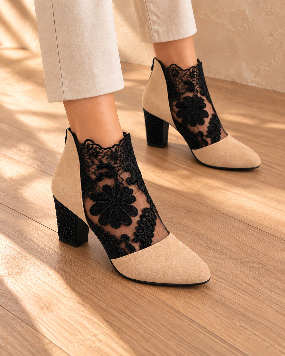 Aurelia Lace-Panel Comfort Ankle Boots - Beige