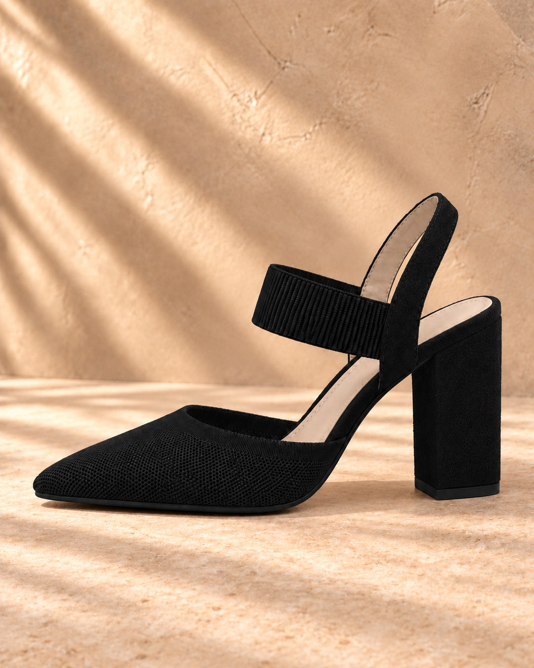 Isabelle Pointed-Toe Elastic-Strap Block Heels - Black