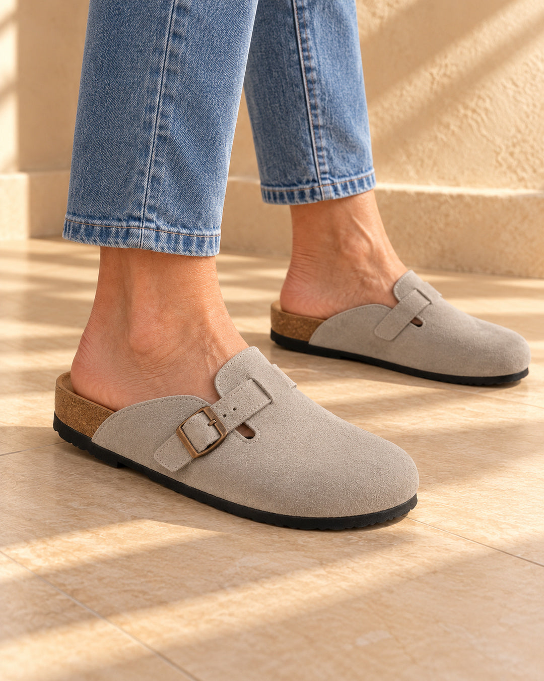 Clara Suede Buckle Clogs - Gray