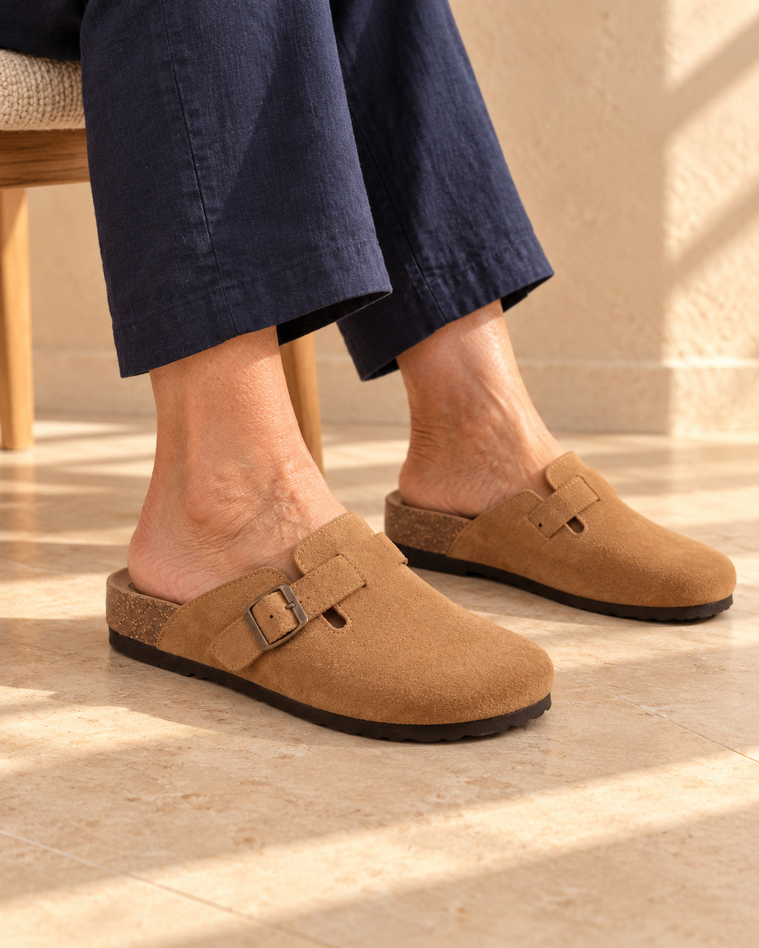 Clara Suede Buckle Clogs - Brown