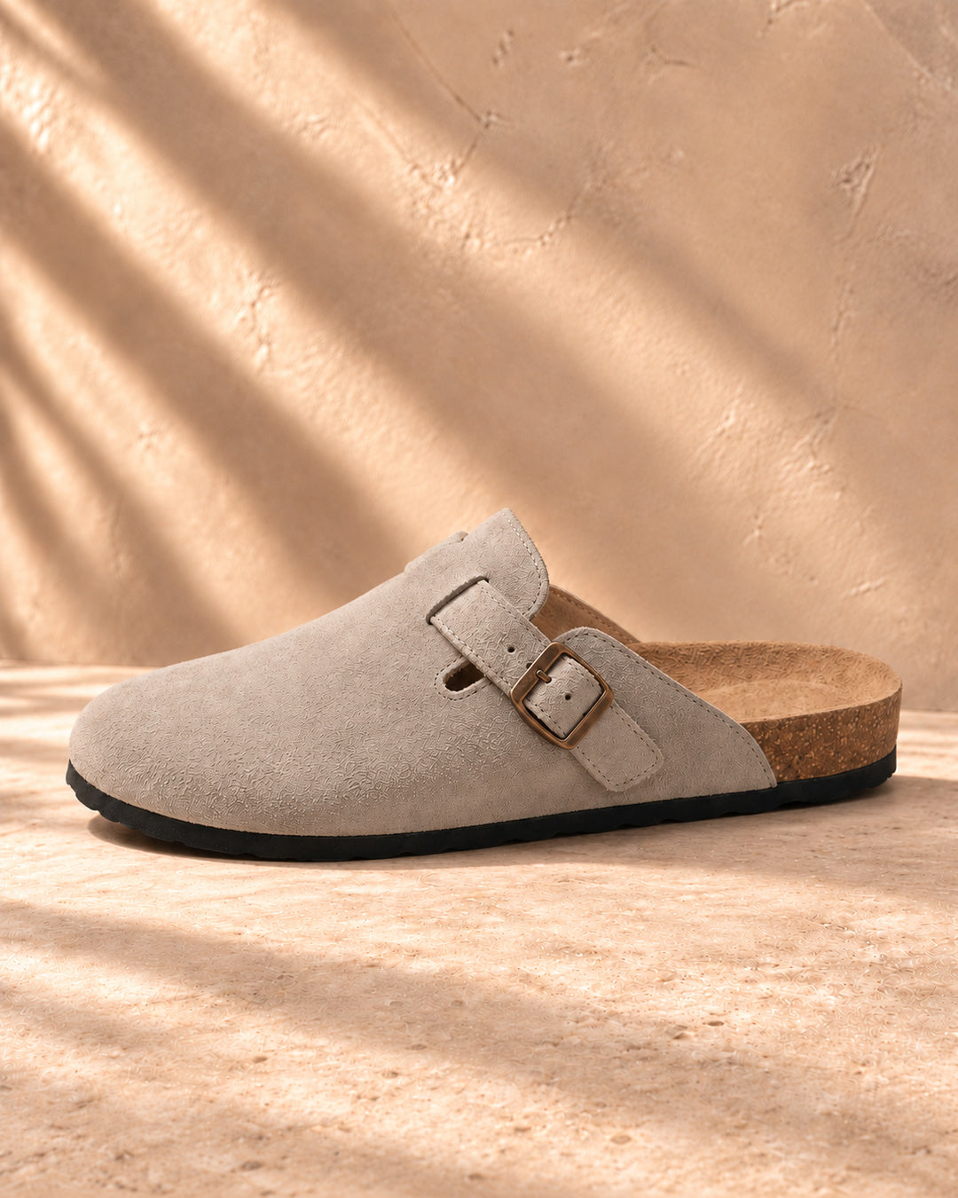 Clara Suede Buckle Clogs - Gray