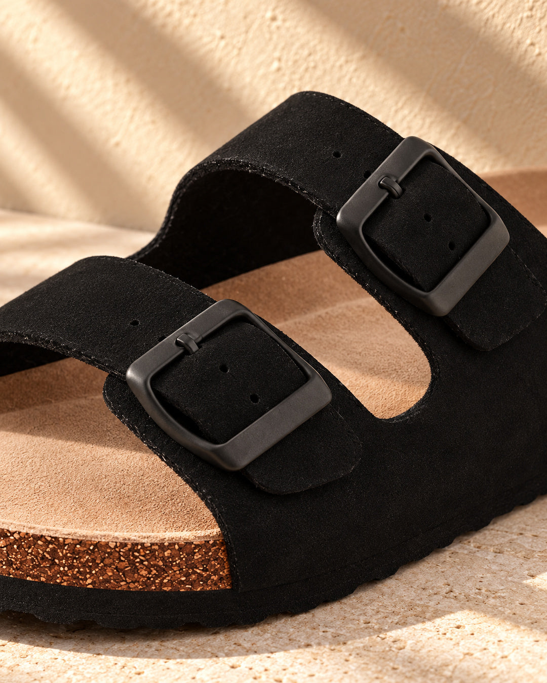 Estelle Double-Buckle Cork Sandals - Black