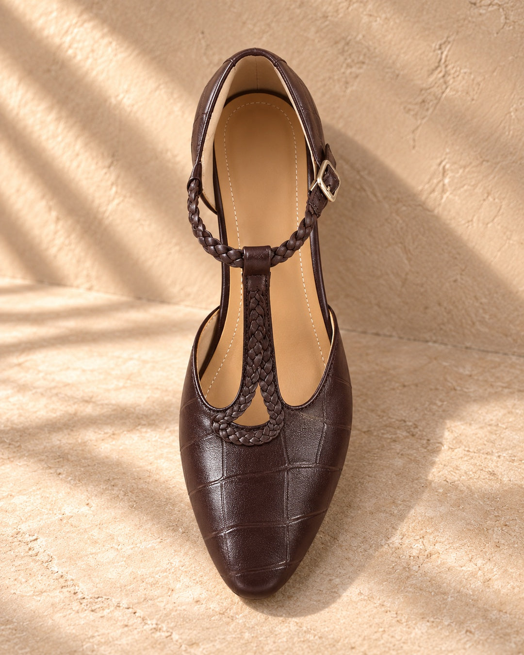 Penelope Braided T-Strap Heels - Brown