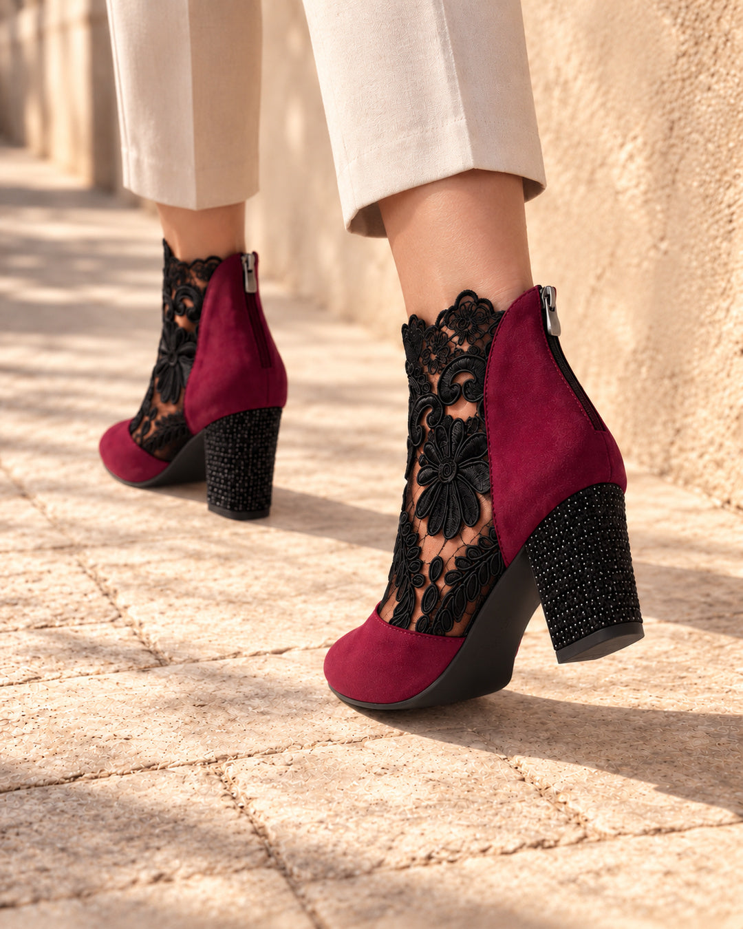 Aurelia Lace-Panel Comfort Ankle Boots - Red