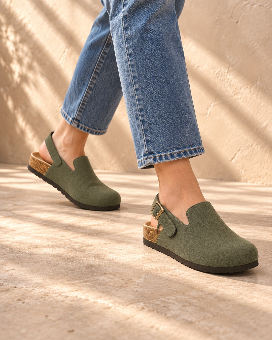 Sabina Suede Backstrap Clogs - Army Green
