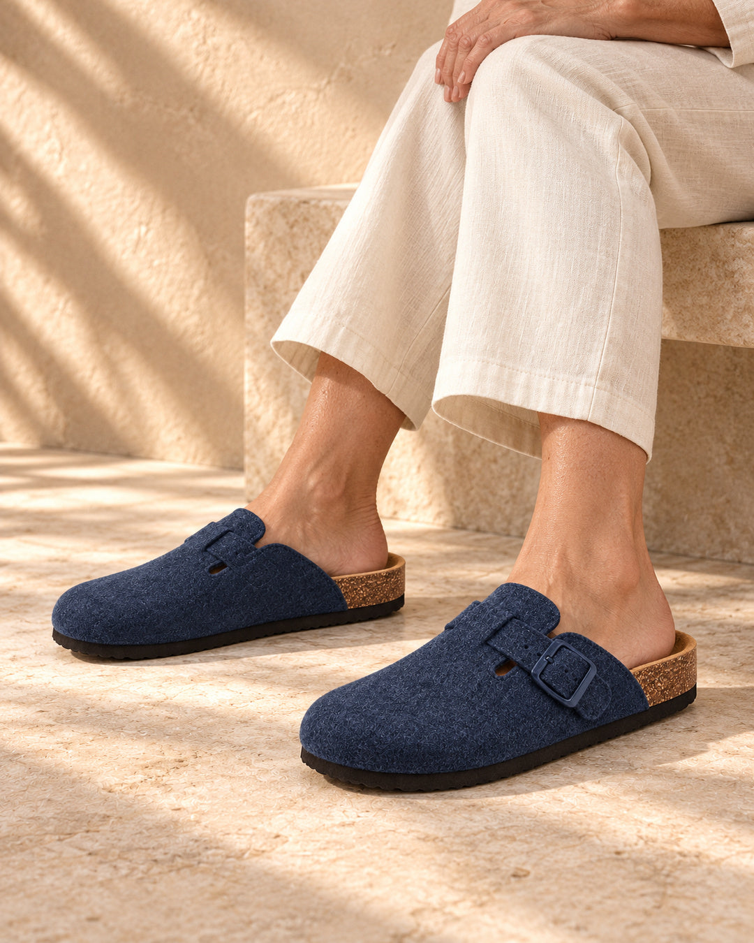 Maren Felt Buckle Clog Slippers - Navy