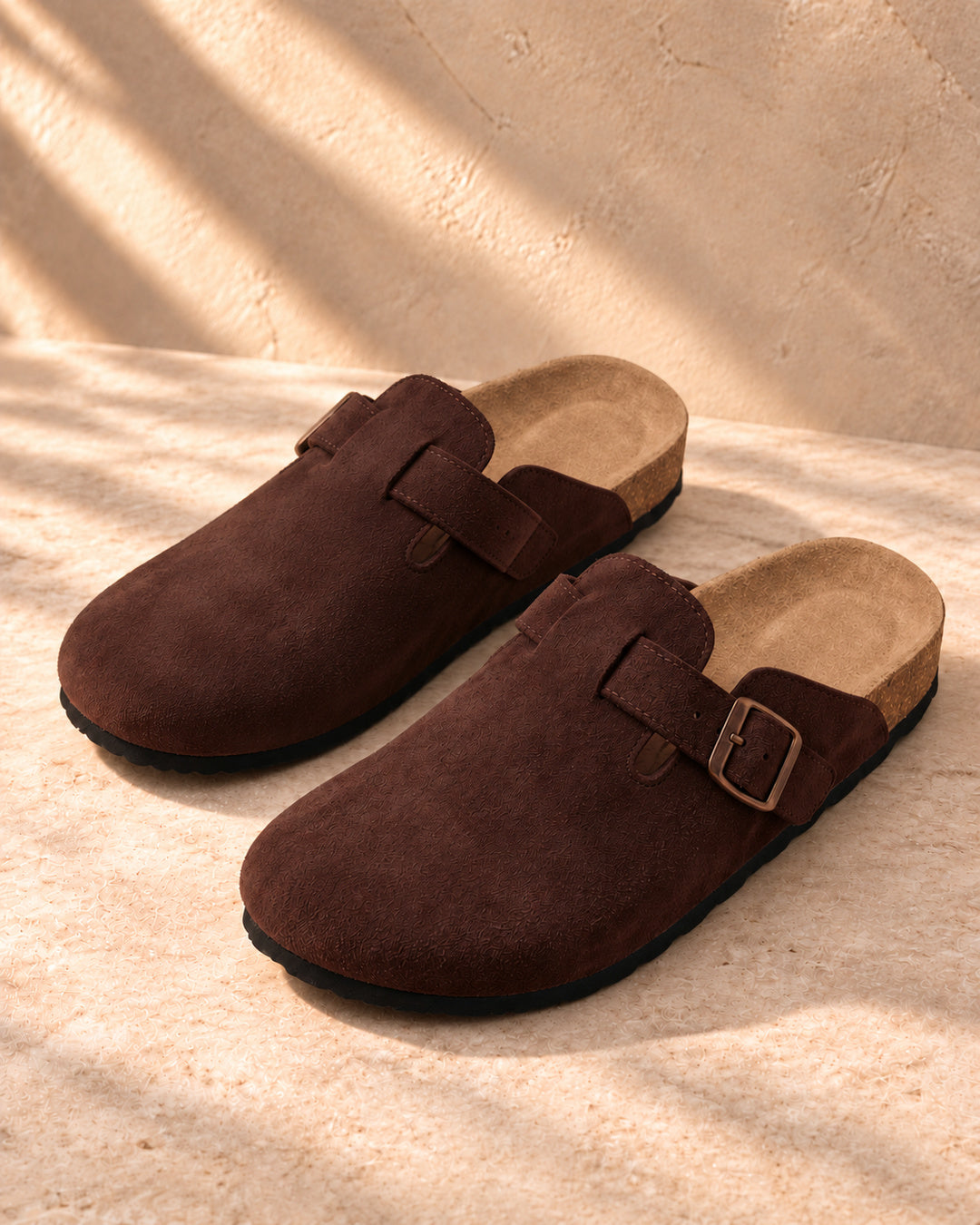 Clara Suede Buckle Clogs - Mocha