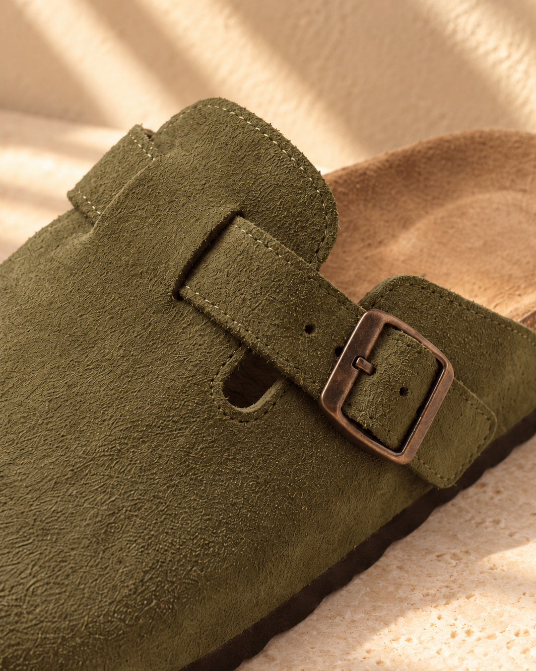 Clara Suede Buckle Clogs - Army Green