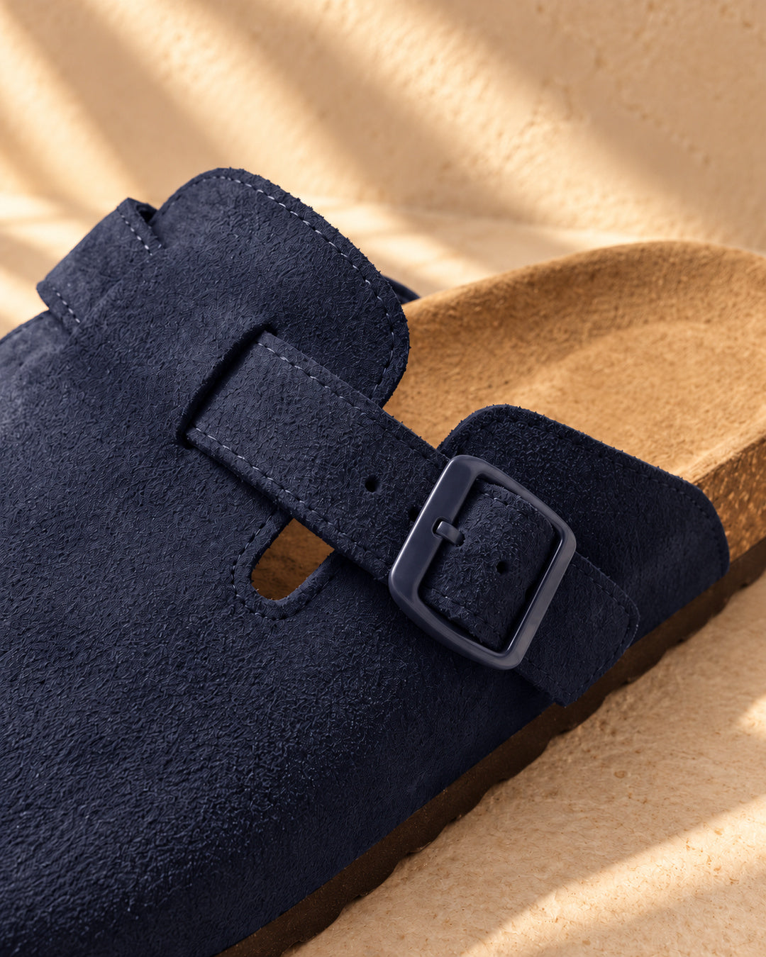 Clara Suede Buckle Clogs - Navy