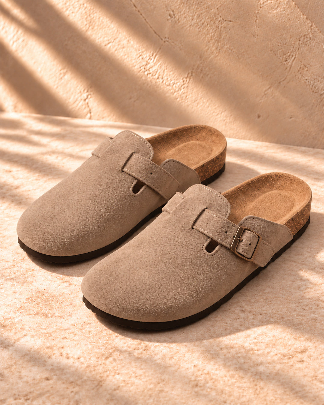Clara Suede Buckle Clogs - Taupe