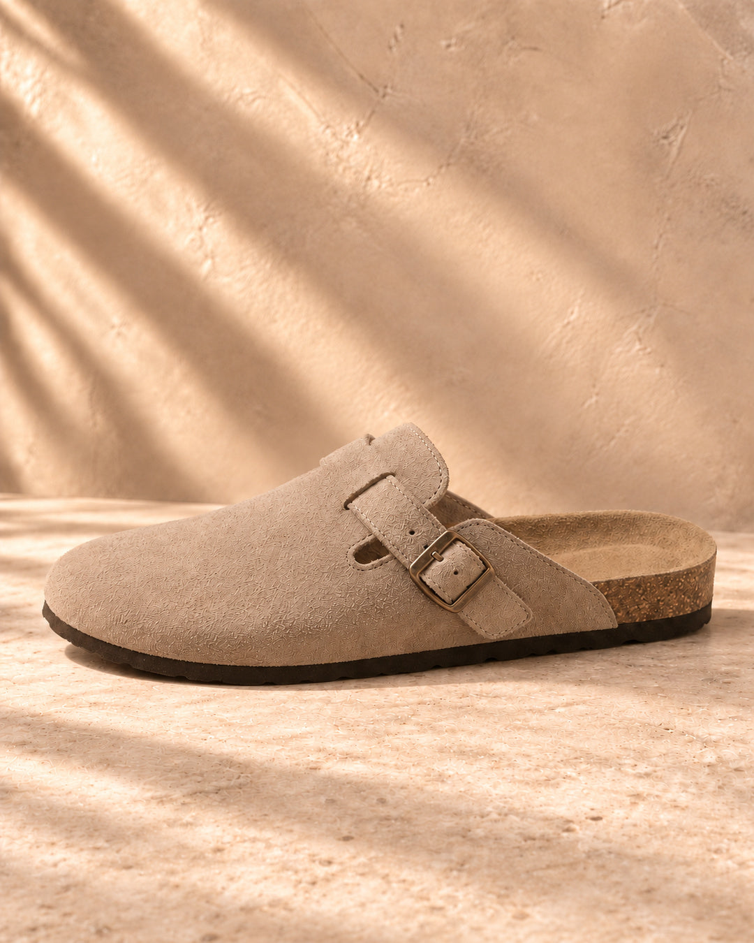 Clara Suede Buckle Clogs - Taupe