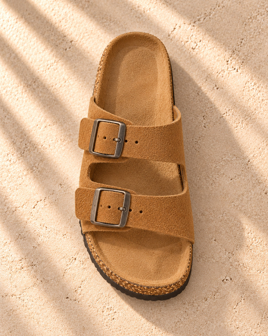 Adeline Suede Double-Buckle Sandals - Camel