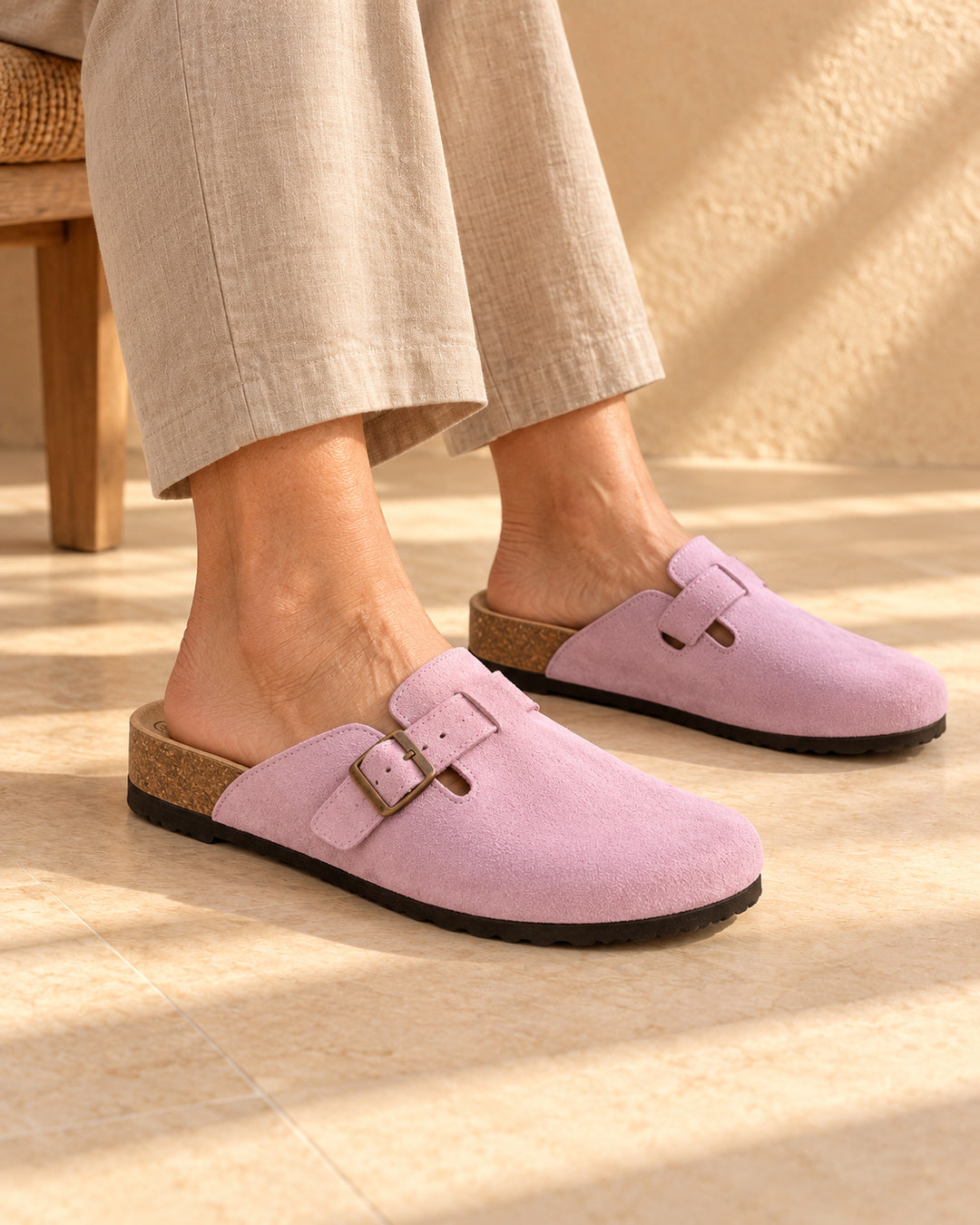 Clara Suede Buckle Clogs - Pink