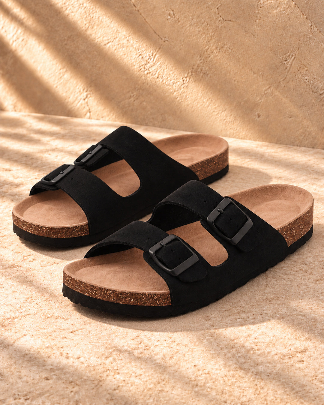 Estelle Double-Buckle Cork Sandals - Black