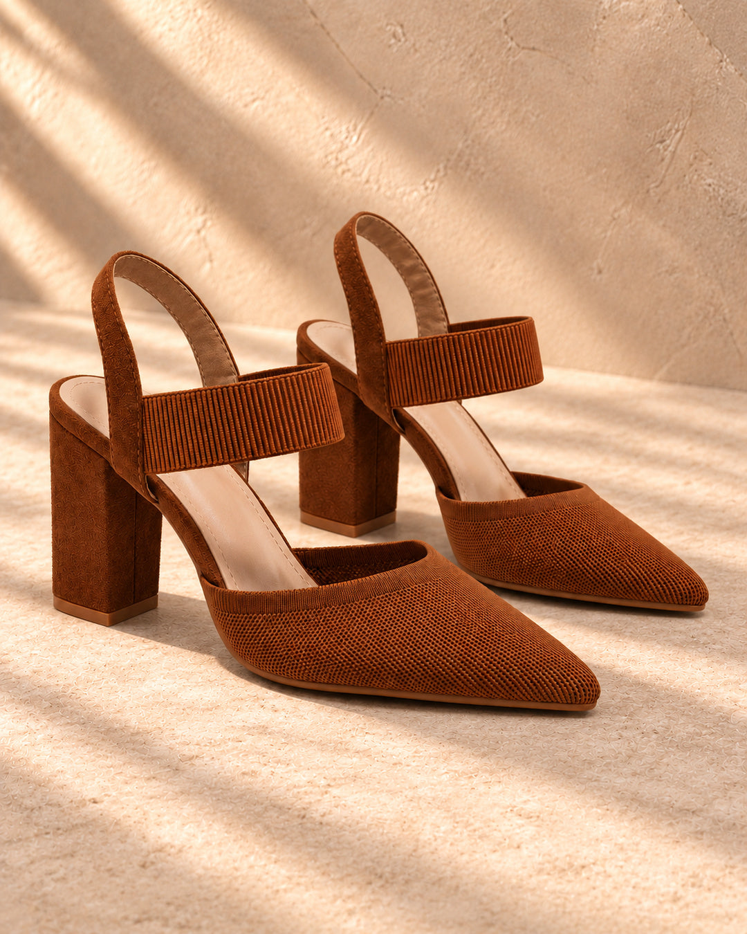 Isabelle Pointed-Toe Elastic-Strap Block Heels - Dark Brown