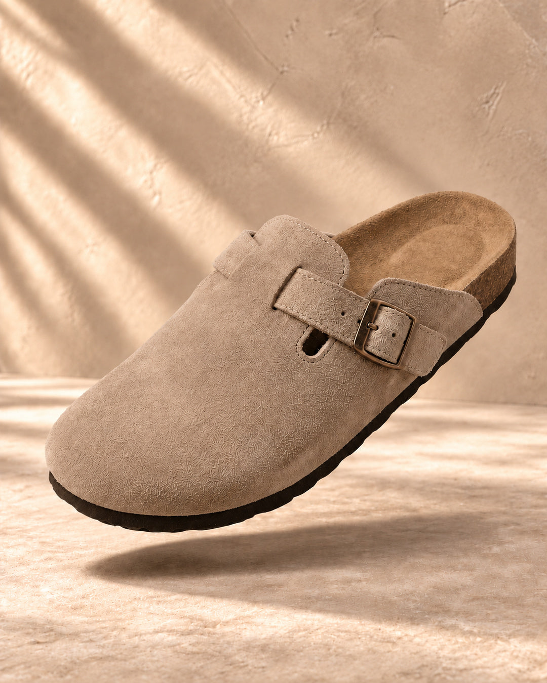 Clara Suede Buckle Clogs - Taupe