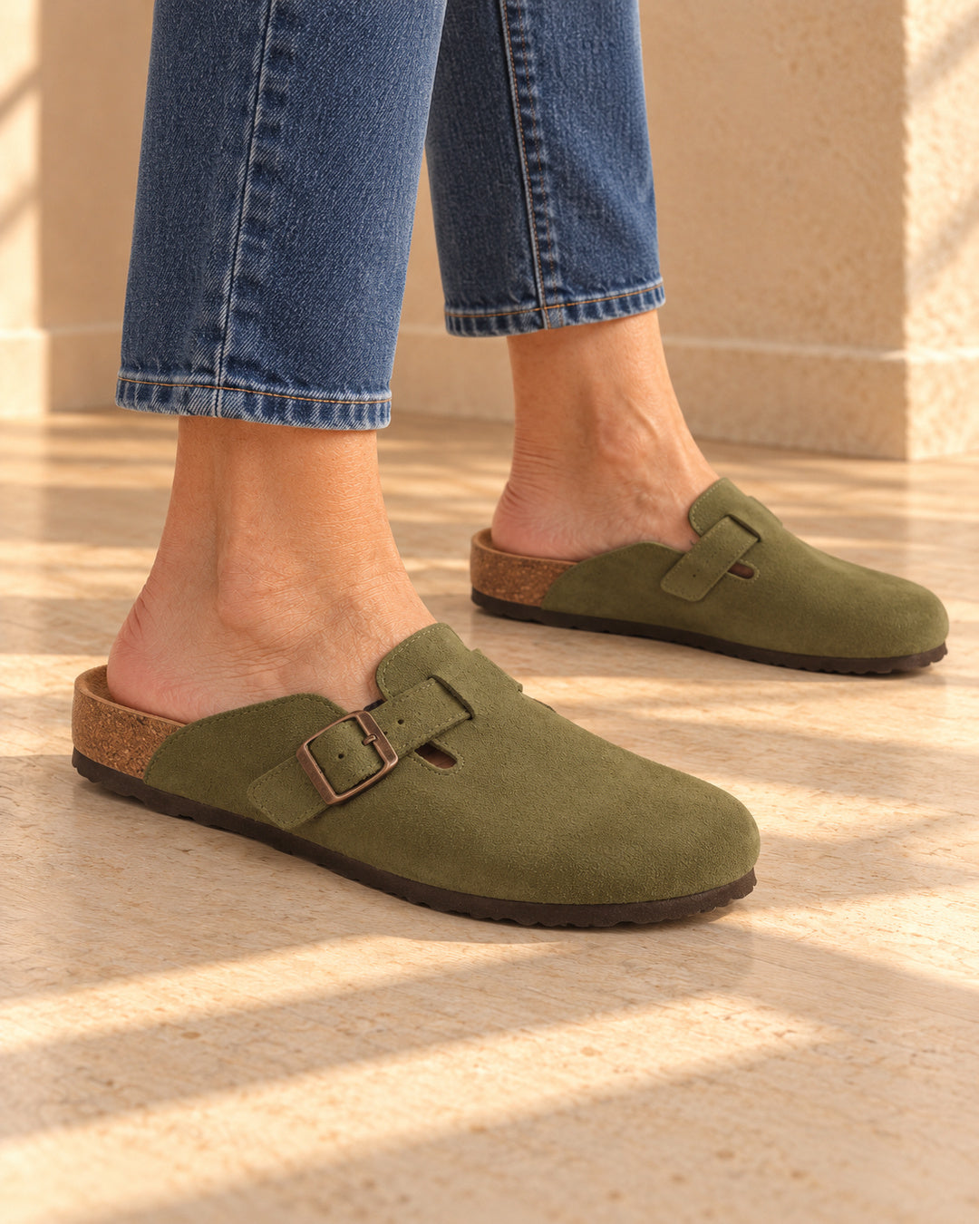 Clara Suede Buckle Clogs - Army Green