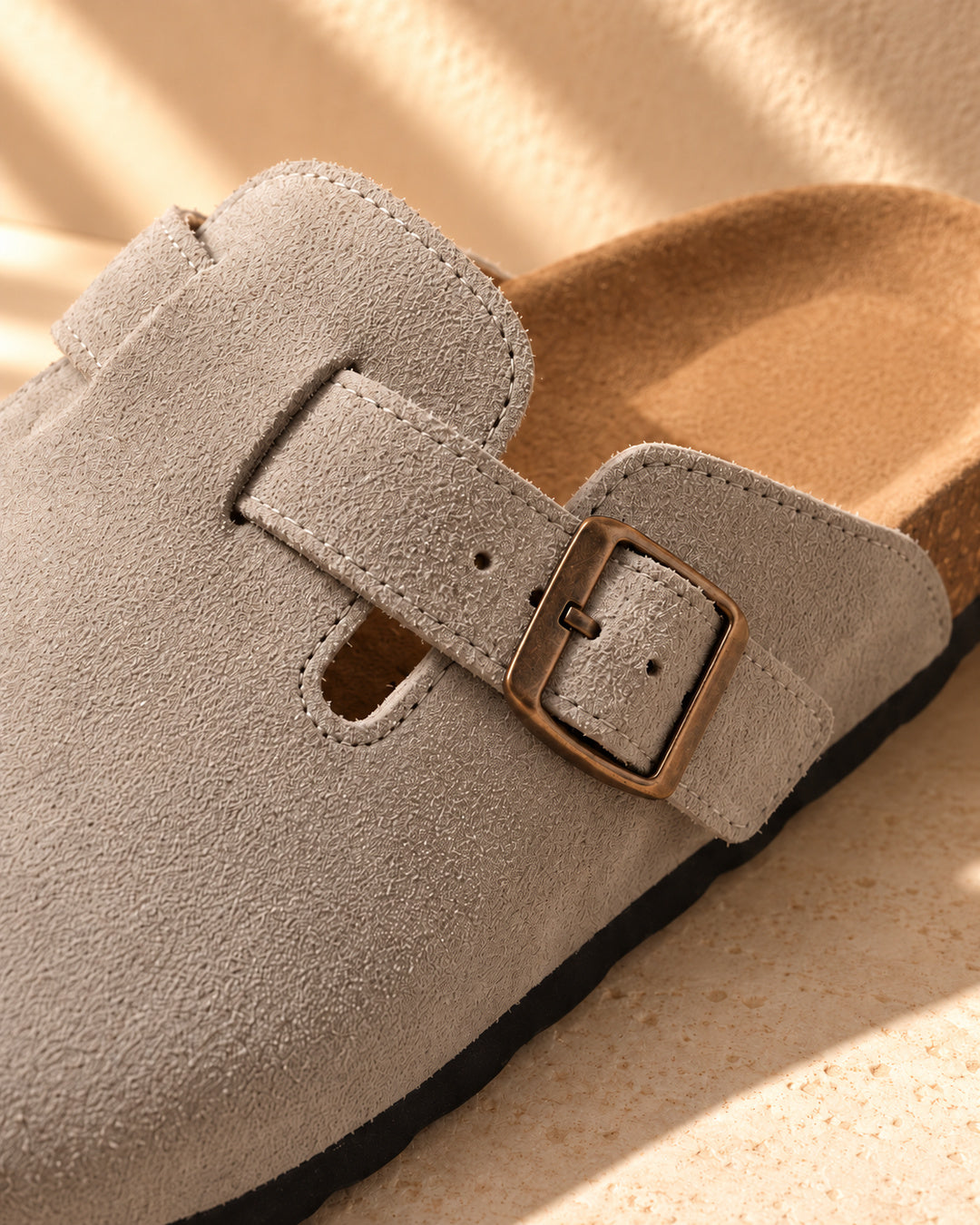 Clara Suede Buckle Clogs - Gray