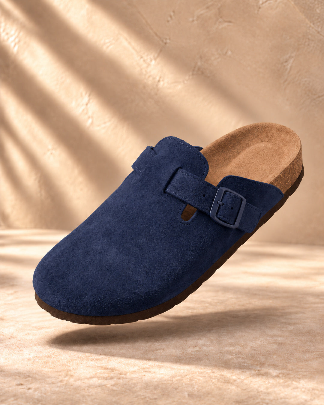 Clara Suede Buckle Clogs - Navy