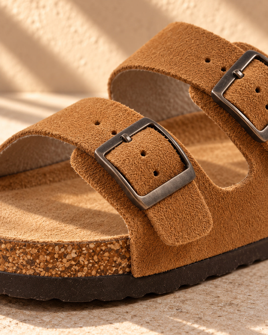 Adeline Suede Double-Buckle Sandals - Camel