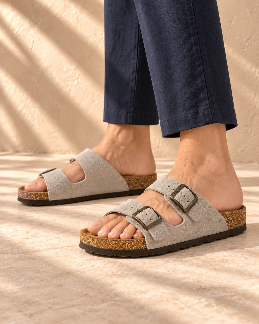 Adeline Suede Double-Buckle Sandals - Earl Gray