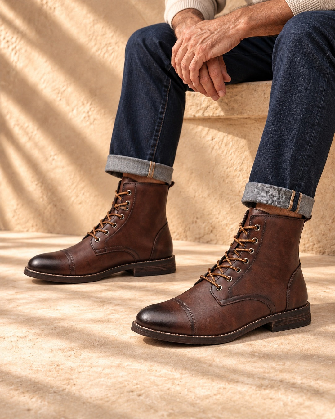 Quinn Cap-Toe Hidden-Lift Lace-Up Boots - Dark Brown