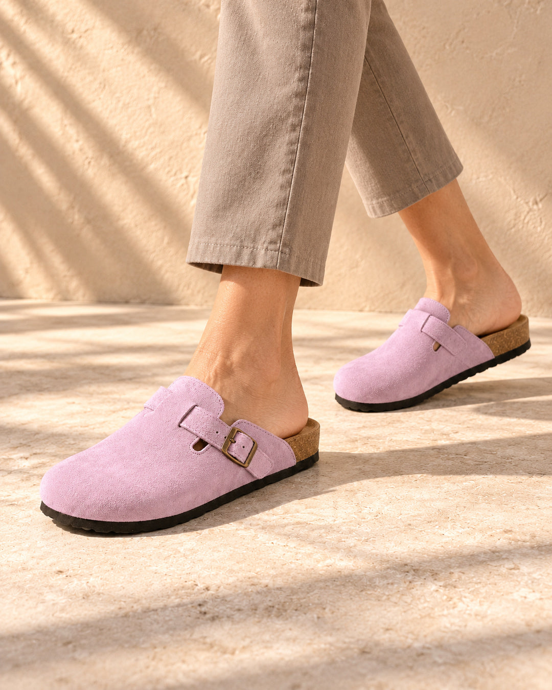 Clara Suede Buckle Clogs - Pink