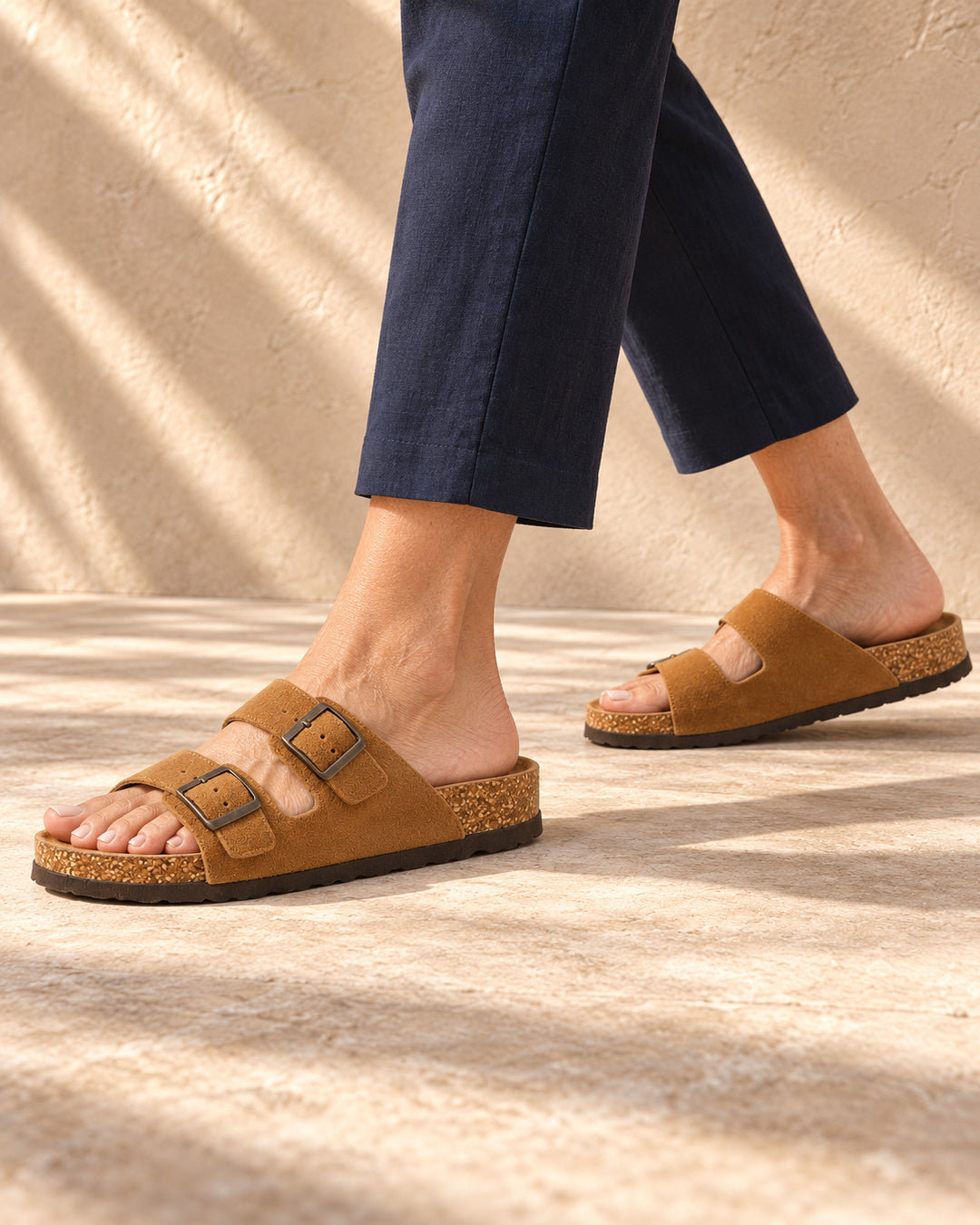 Adeline Suede Double-Buckle Sandals - Camel