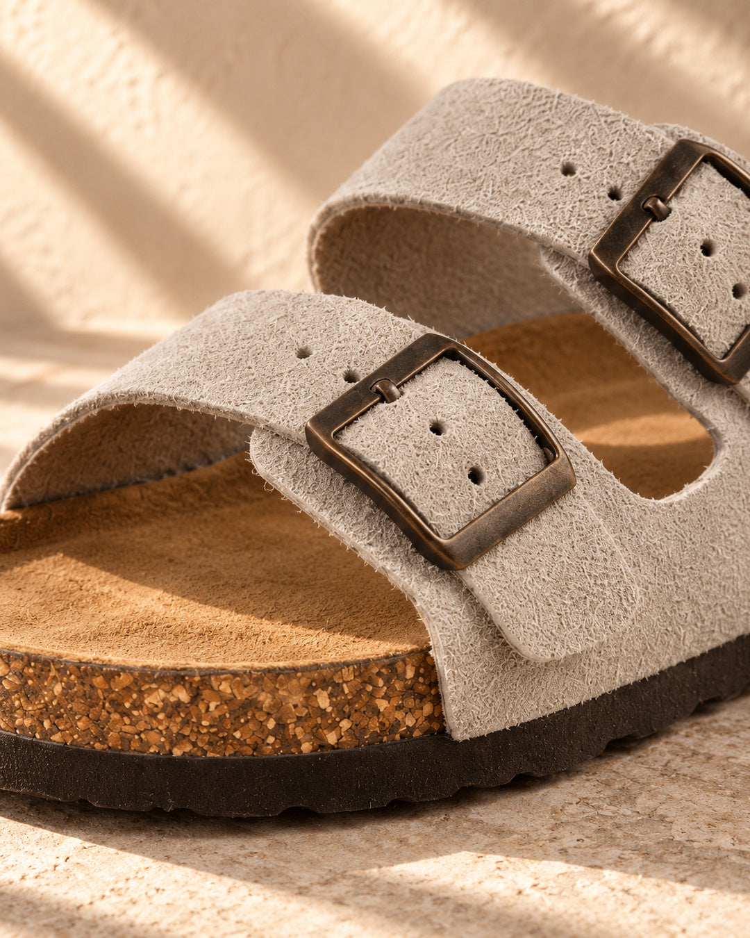 Adeline Suede Double-Buckle Sandals - Earl Gray