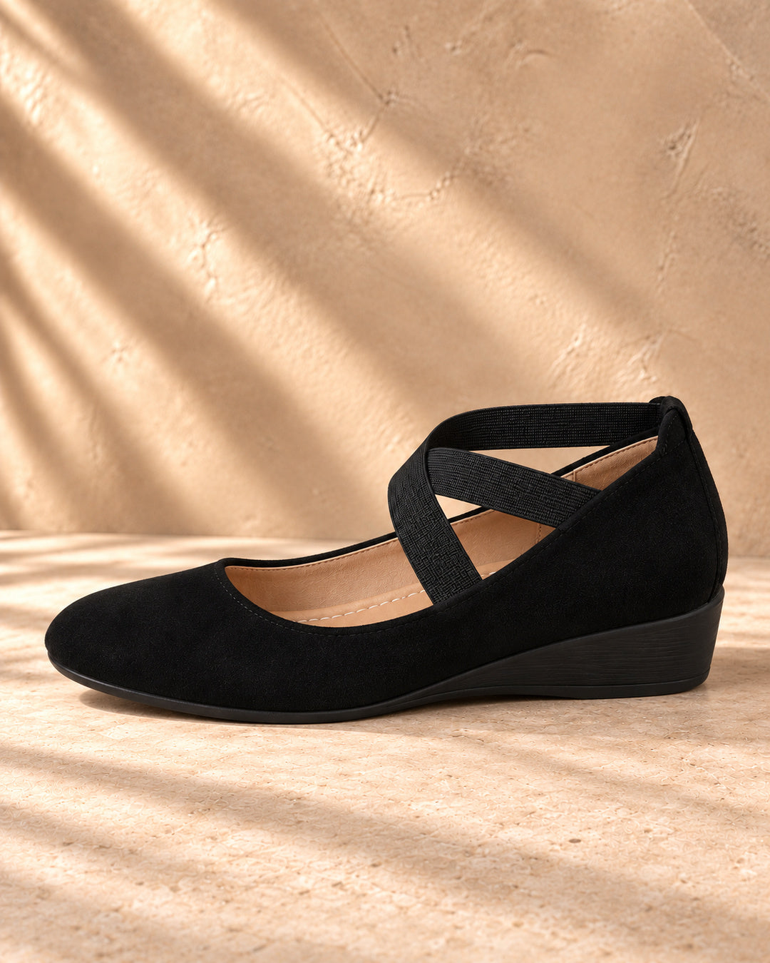 Carmen Elastic-Strap Wedge Flats - Black