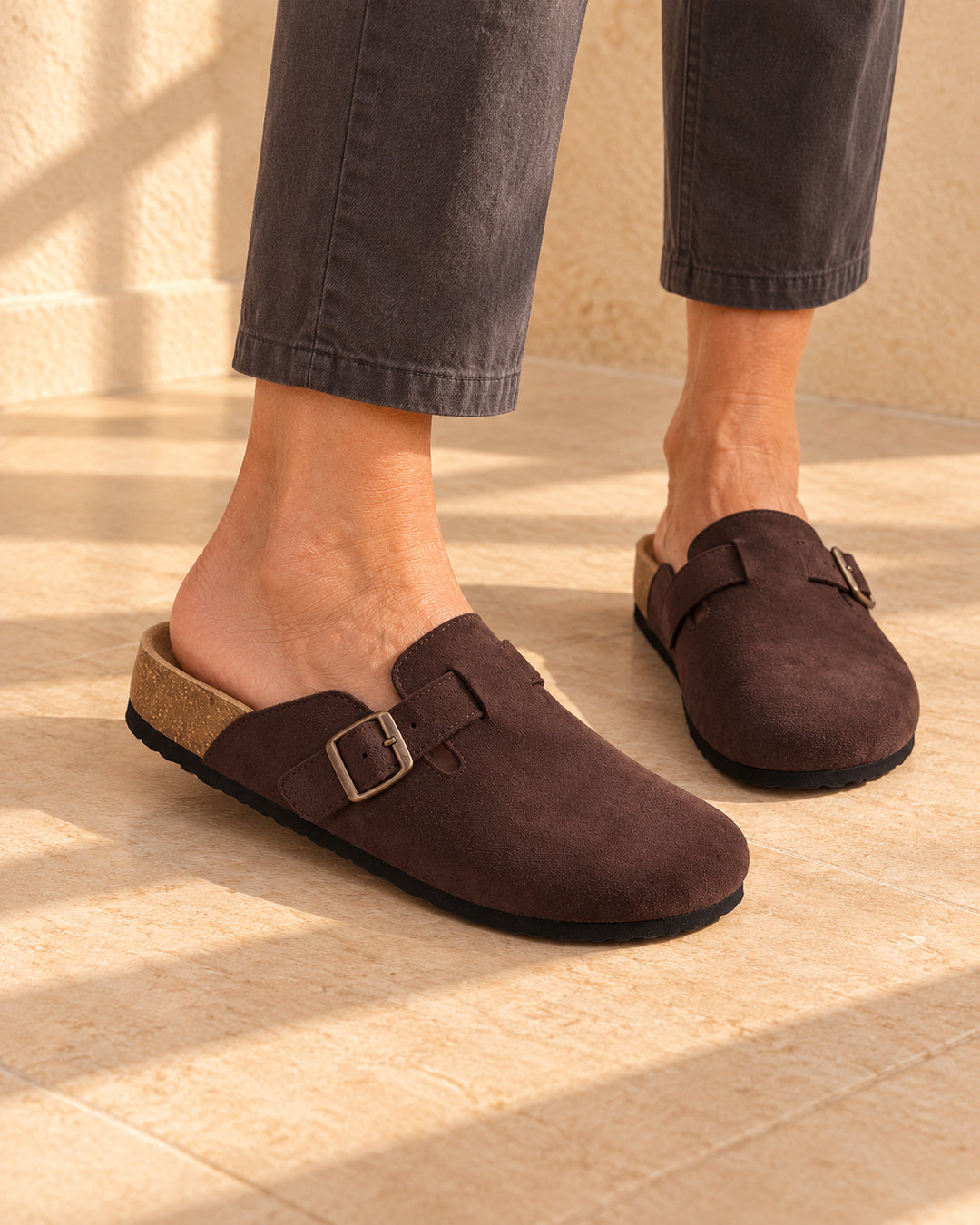 Clara Suede Buckle Clogs - Mocha
