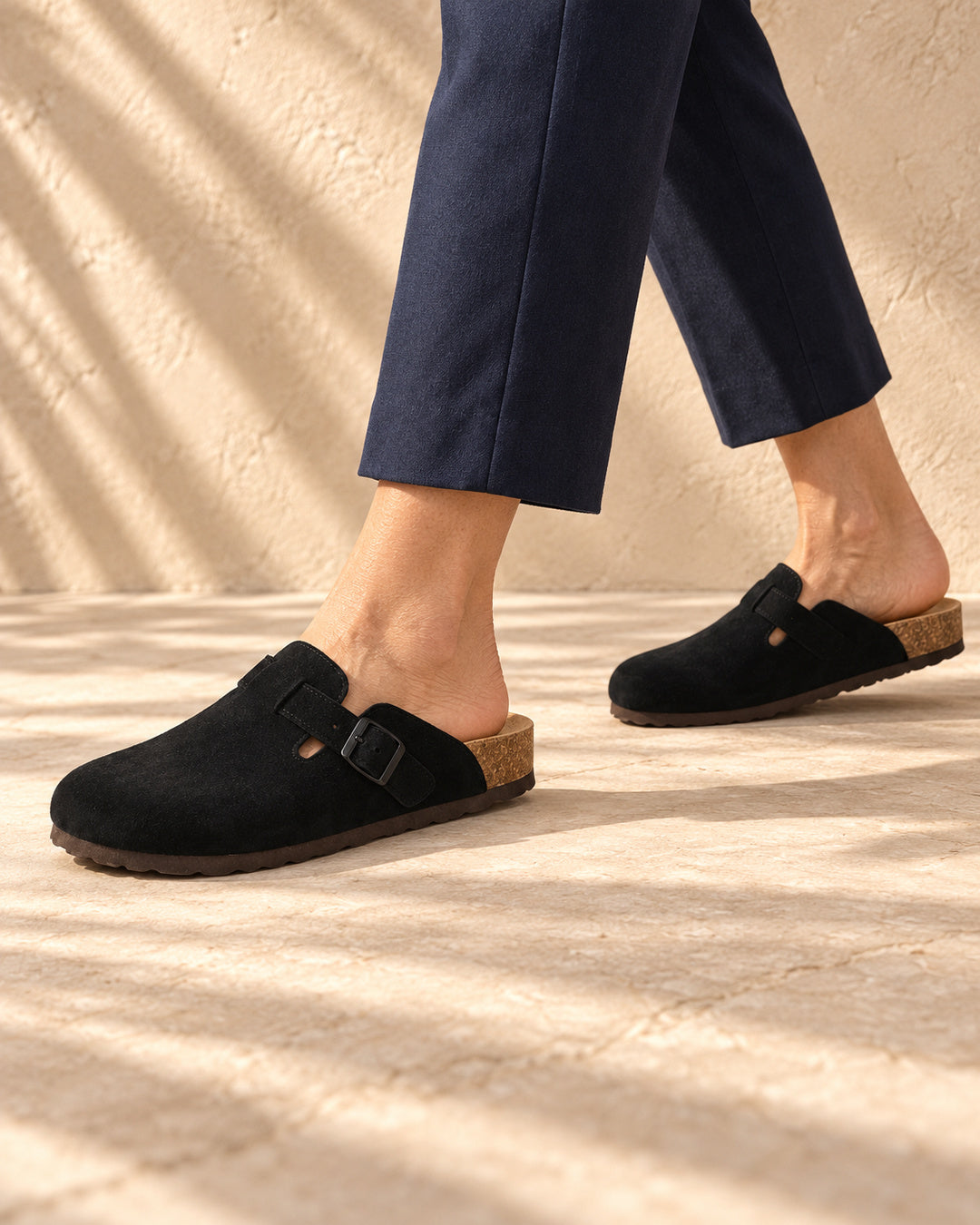 Clara Suede Buckle Clogs - Black