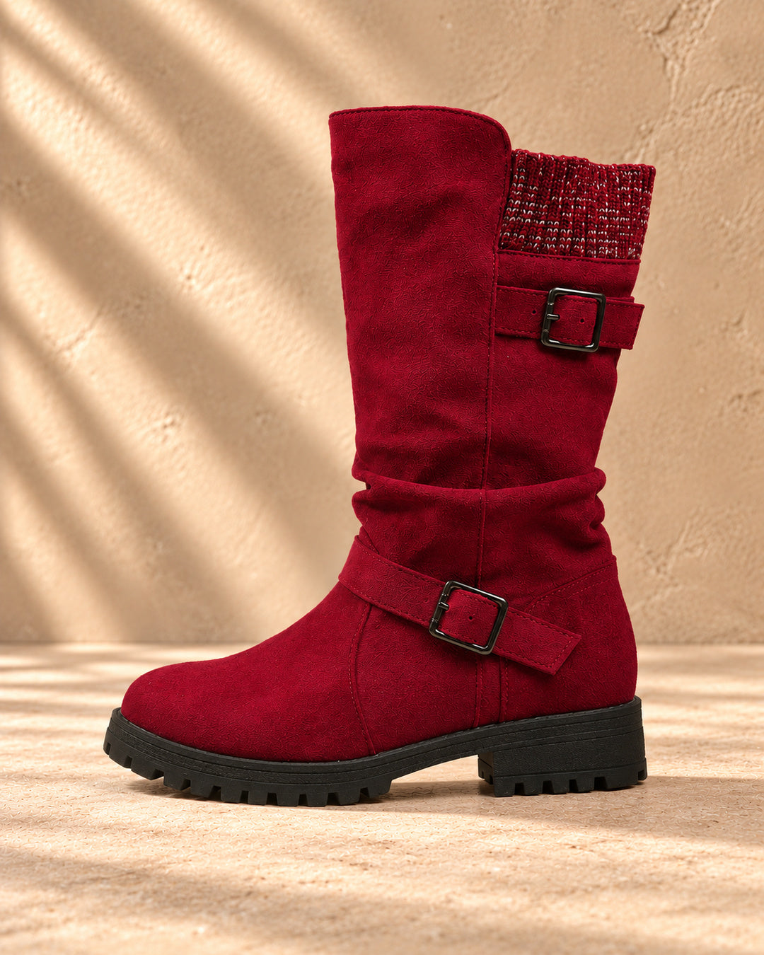 Camille Suede Knit-Cuff Boots - Red