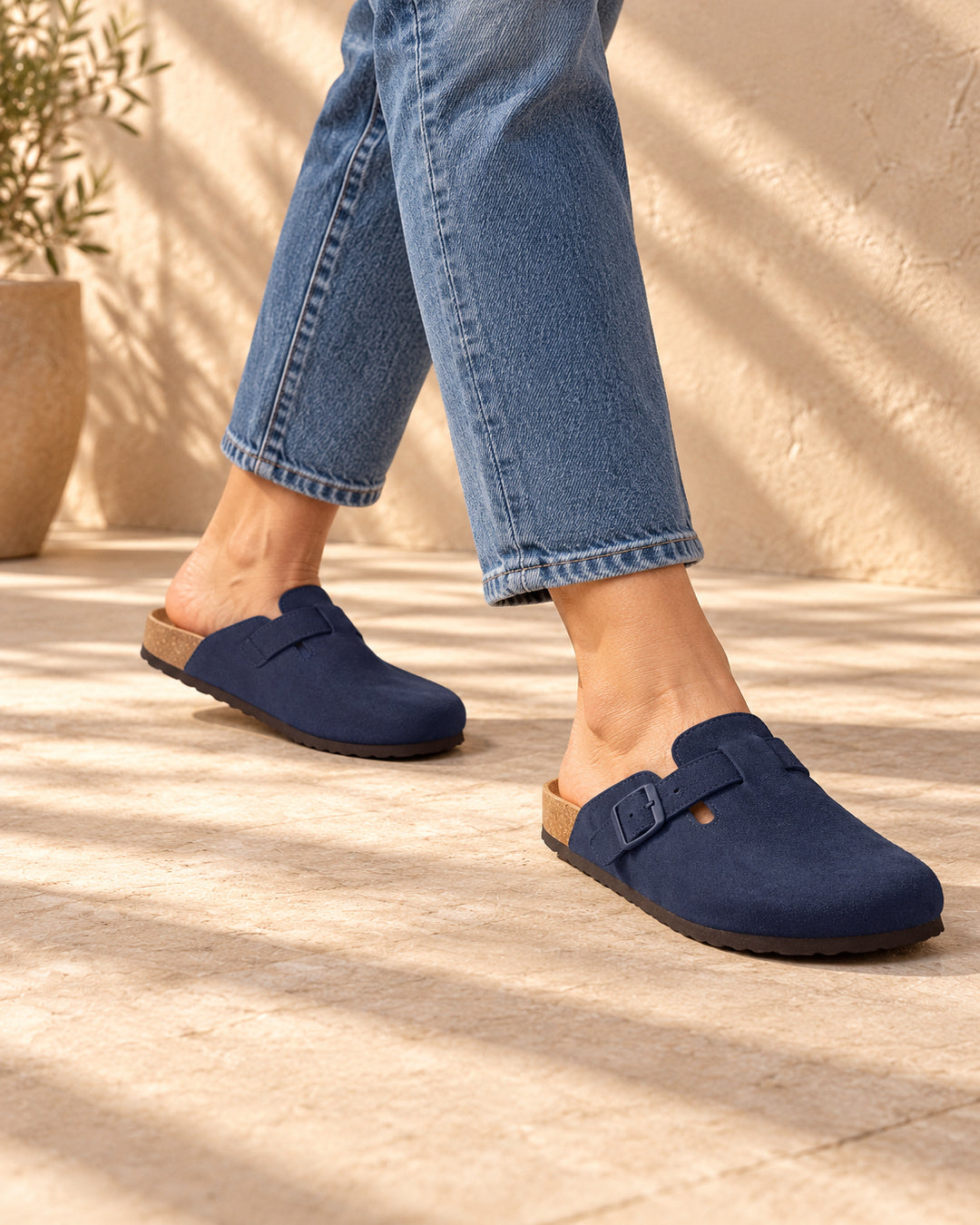 Clara Suede Buckle Clogs - Navy