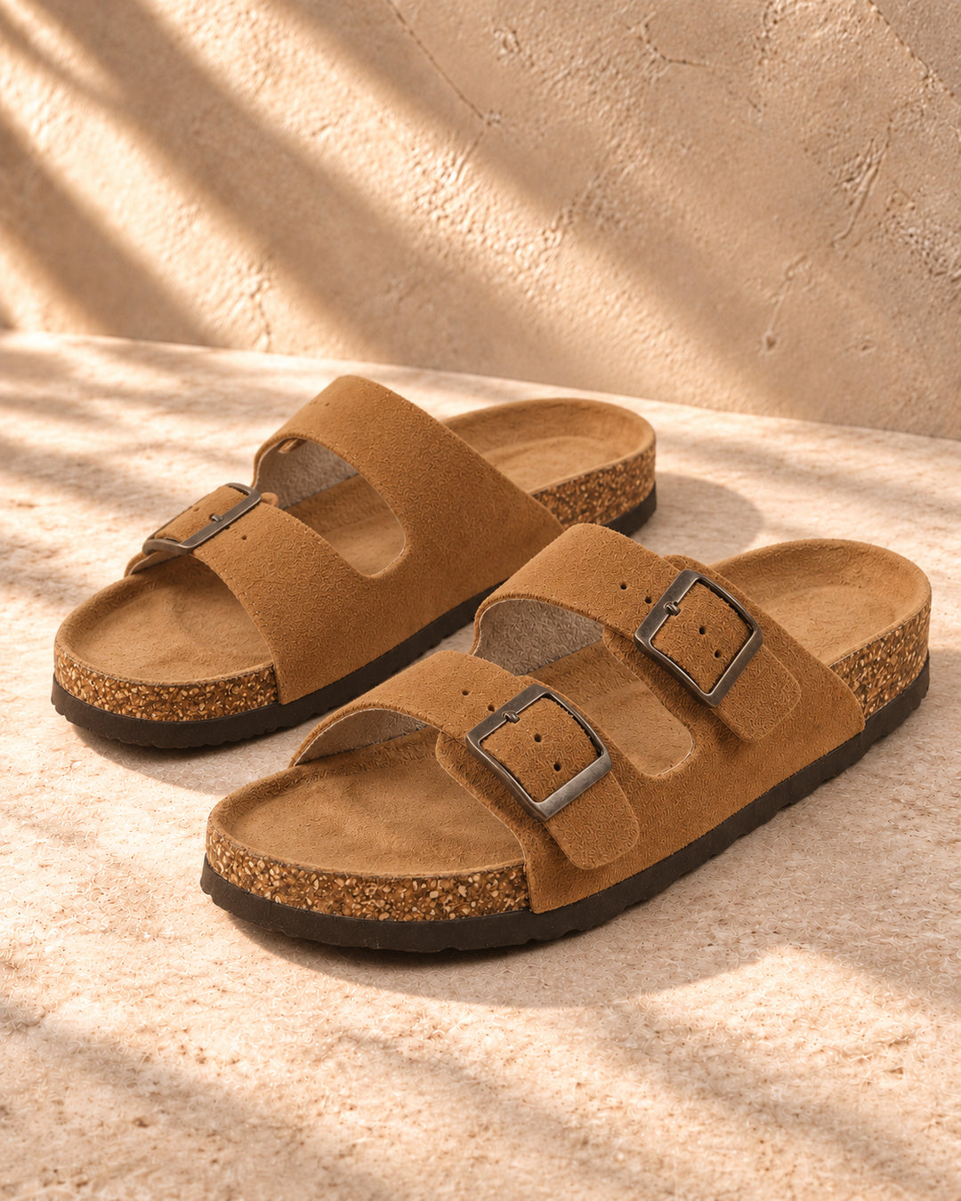 Adeline Suede Double-Buckle Sandals - Camel