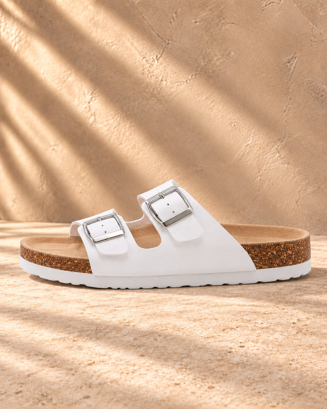 Estelle Double-Buckle Cork Sandals - White