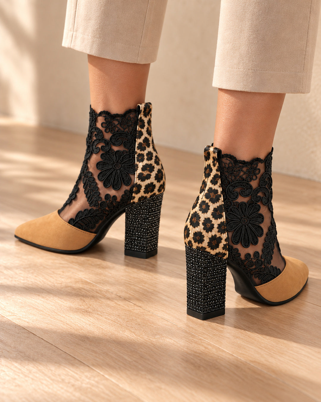 Aurelia Lace-Panel Comfort Ankle Boots - Camel & Leopard