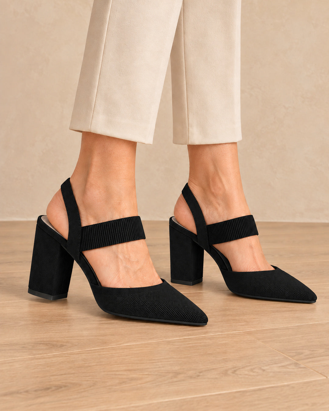 Isabelle Pointed-Toe Elastic-Strap Block Heels - Black