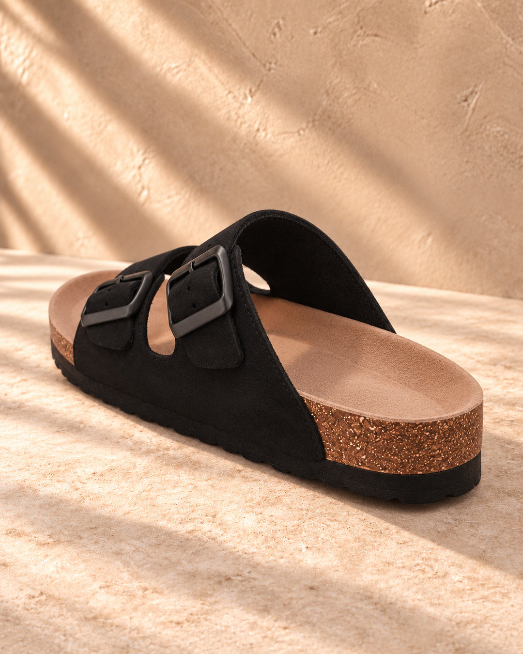 Estelle Double-Buckle Cork Sandals - Black
