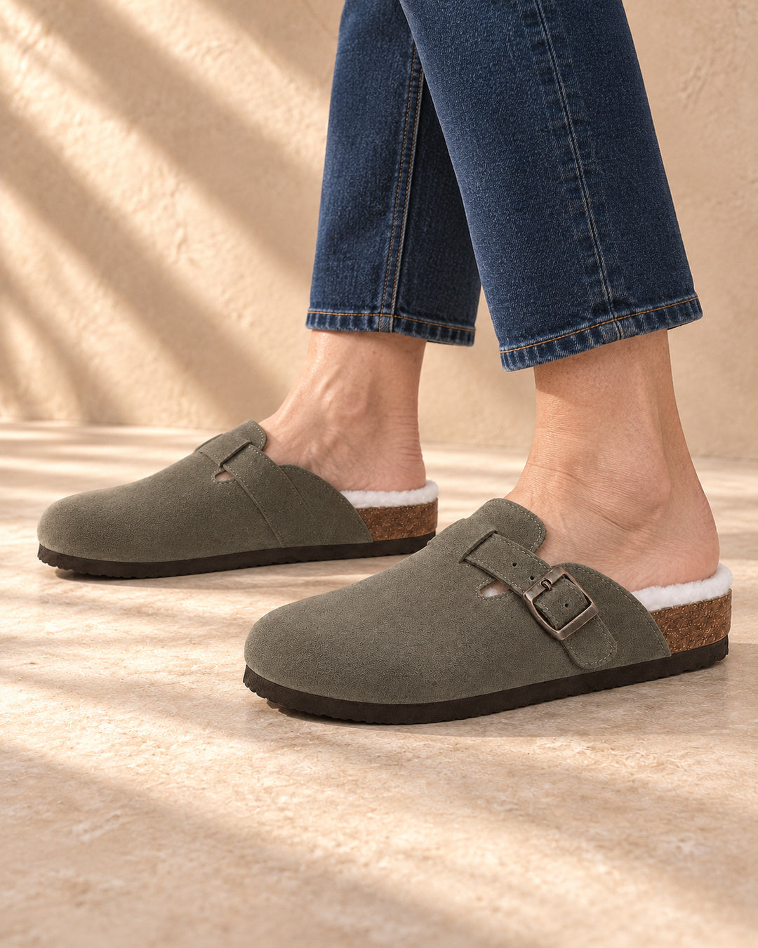 Celeste Faux-Fur-Lined Suede Clogs - Army Green