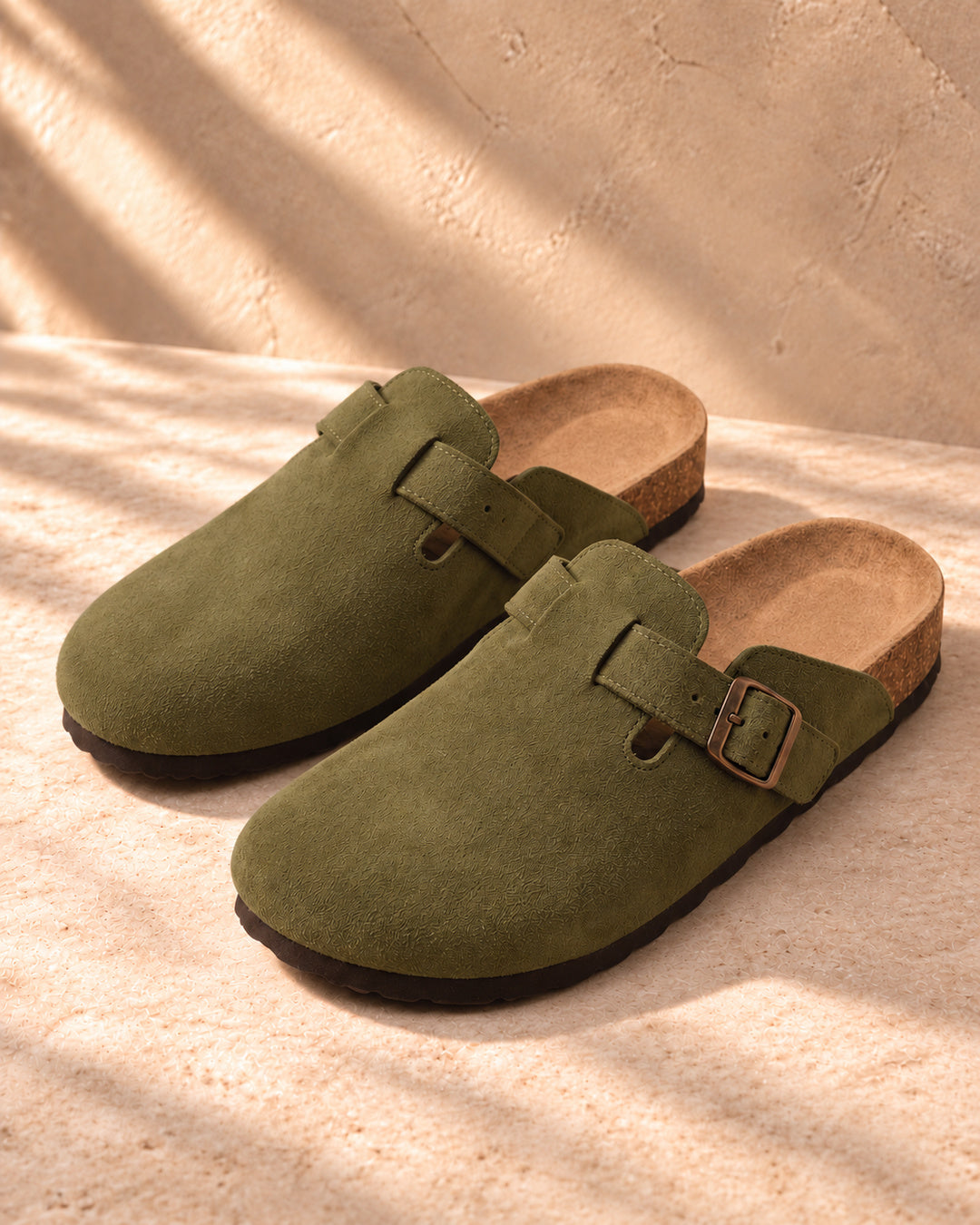 Clara Suede Buckle Clogs - Army Green