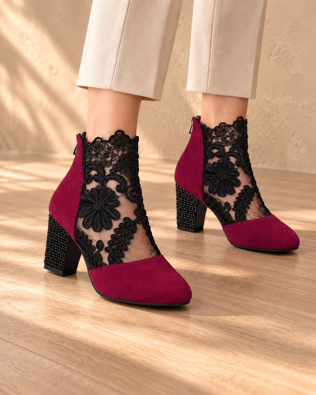 Aurelia Lace-Panel Comfort Ankle Boots - Red