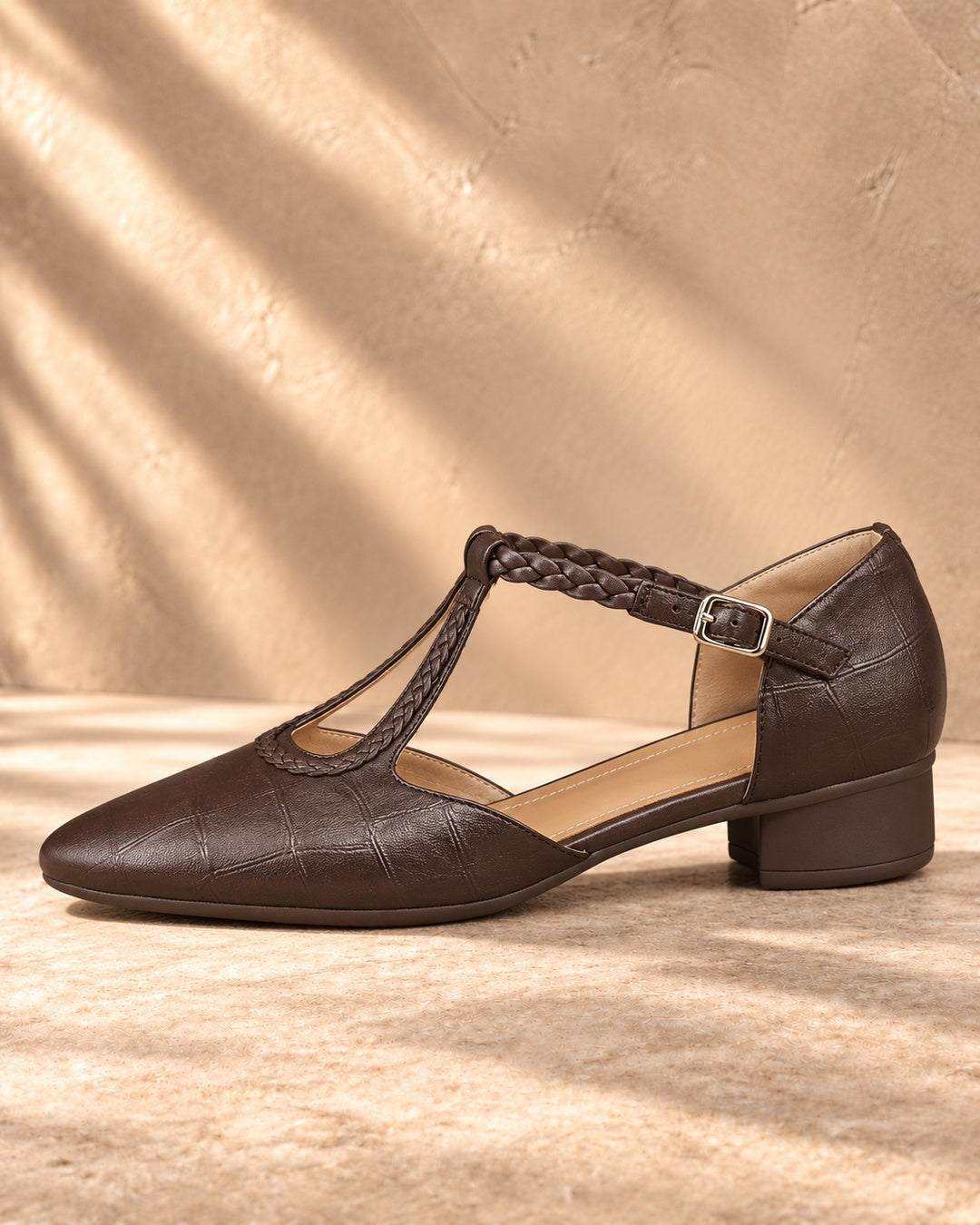 Penelope Braided T-Strap Heels - Brown