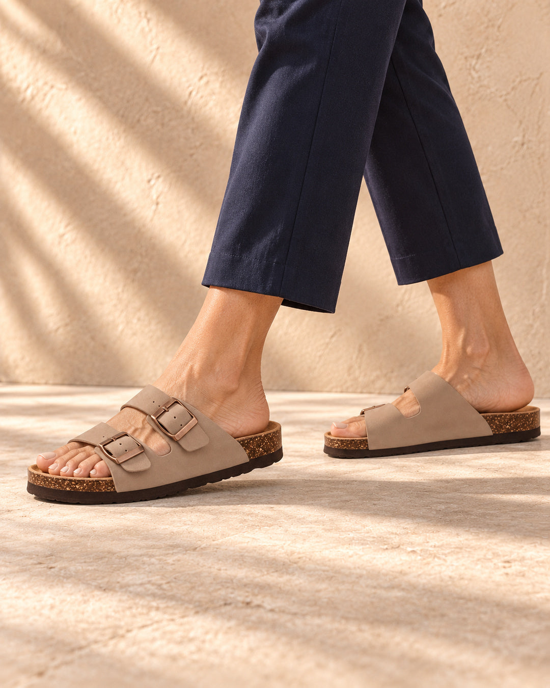 Estelle Double-Buckle Cork Sandals - Taupe