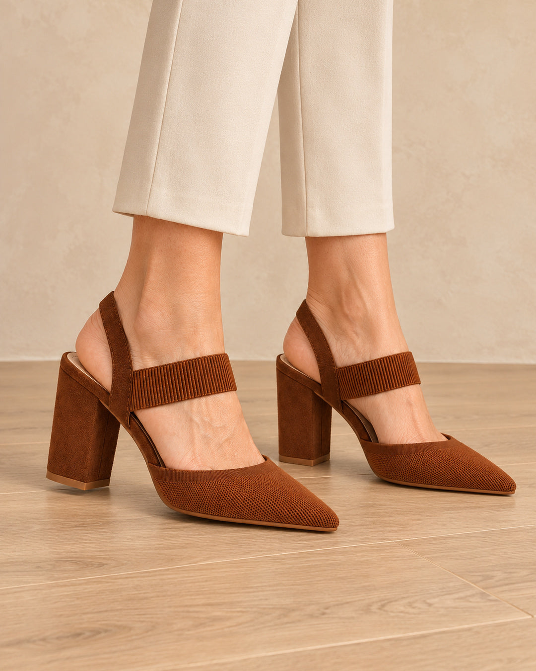Isabelle Pointed-Toe Elastic-Strap Block Heels - Dark Brown